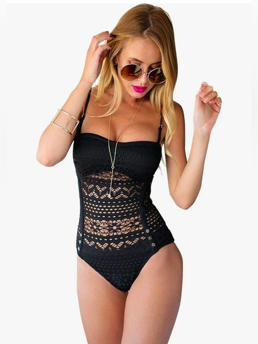 Black Lace One-Piece Swimsuit with Bustier Detail